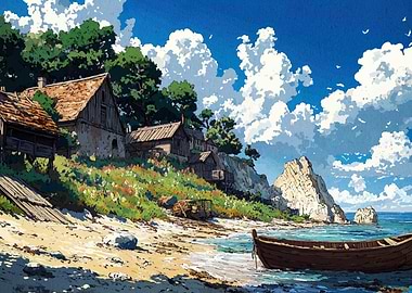 Coastal Village Landscape with Boat