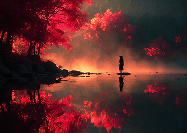 Red Autumn Lake Reflection