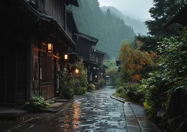 Rainy Japanese Street with Lanterns