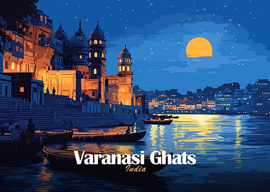 Varanasi Ghats India Night Illustration