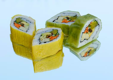 Colorful Sushi Rolls on Reflective Surface