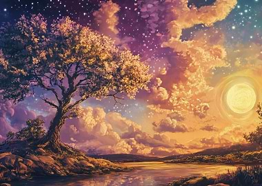 Fantasy Landscape with Tree and Lake