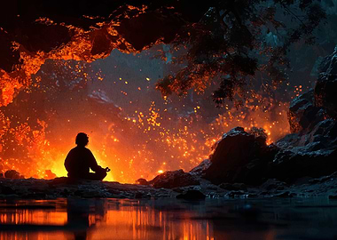 Meditating Figure in Fiery Cave
