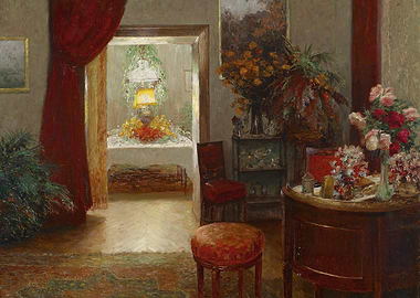 Interior scene with flowers and furniture
