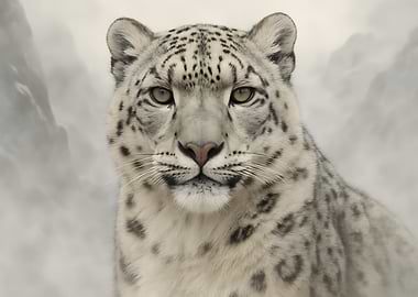 Snow Leopard Portrait in Misty Mountains