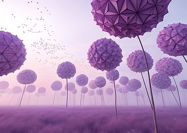 Surreal Purple Landscape with Geometric Flowers