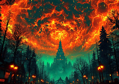 Fiery Sky Over Dark Forest