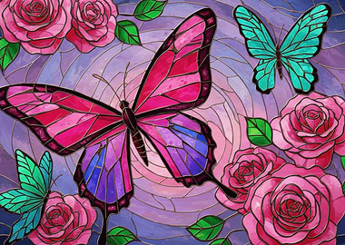 Butterflies and Roses Stained Glass Art