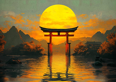 Japanese Torii Gate at Sunset