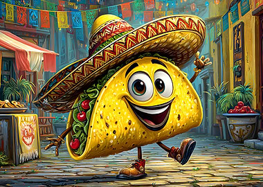 Happy Taco Cartoon Character with Sombrero