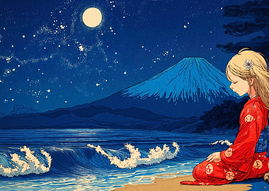 Japanese beach scene with Mount Fuji