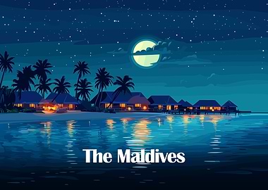 Nighttime Maldives Beach Resort Illustration