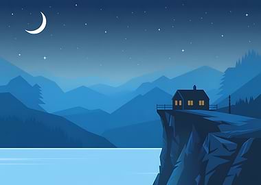 Night Landscape with House on Cliff