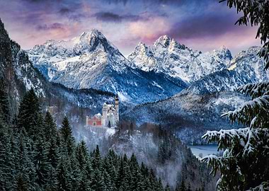 Neuschwanstein Castle in Winter Landscape