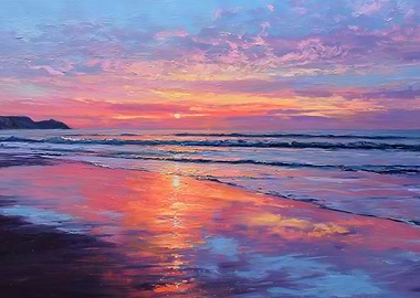 Coastal Sunset with Ocean Waves and Beach Reflection