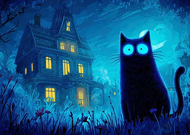 Cartoon Cat and Haunted House