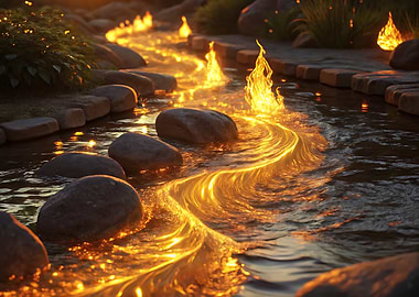 Glowing River with Stones and Flames