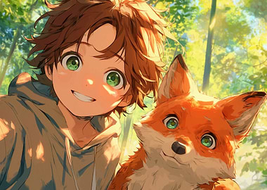 Anime Boy and Fox in Forest