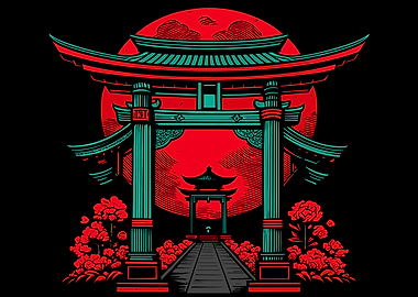 Japanese Torii Gate with Red Moon