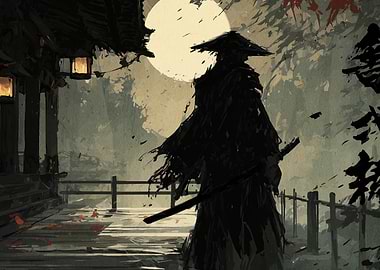 Samurai Silhouette Under Moonlight