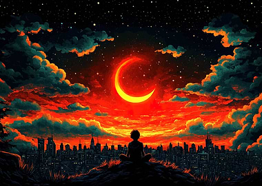 Cityscape under a Crescent Moon
