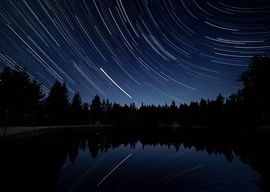 Star Trails Over Forest Lake