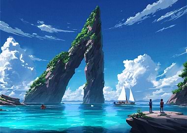 Coastal Archway with Sailboat and Figures