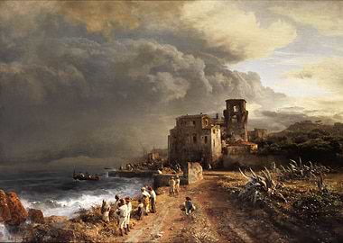 Coastal Village Under Stormy Skies Painting
