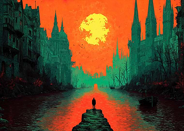 Dark Cityscape with Figure and River