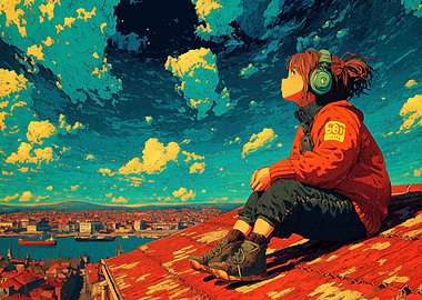 Anime Girl on Rooftop Overlooking City