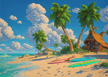 Tropical Beach with Surfboards and Hut