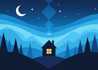 Blue Night House Landscape Illustration