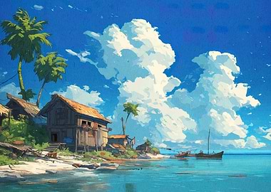 Tropical Beach Village Under Blue Sky