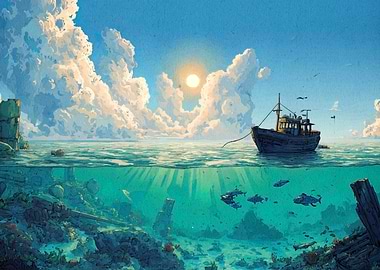 Ocean Scene with Boat and Underwater View