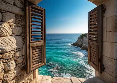 Ocean View Through Open Window Shutters