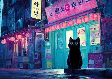 Black Cat in Korean Street Scene