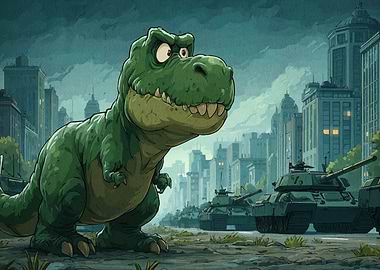 Cartoon Dinosaur with Tanks in City
