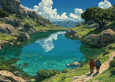 Scenic Lake Landscape with Two Figures