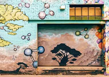 Urban Mural with Trees and Molecules