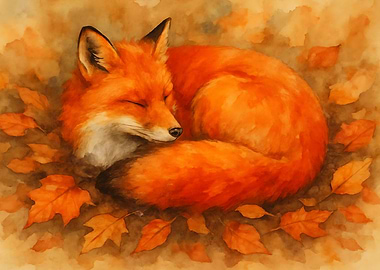 Sleeping Red Fox in Autumn Leaves