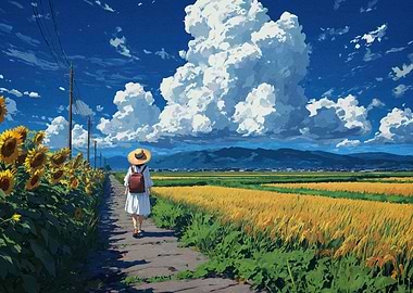 Girl through sunflower field