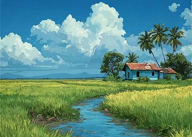 Rural Landscape with House and Stream