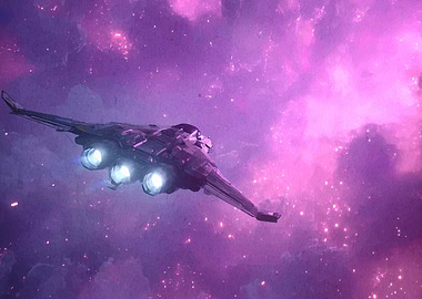 Spaceship flying through a nebula