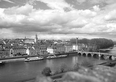 Black and White Cityscape with River