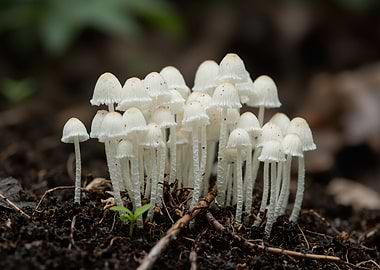 Cluster of White Mushrooms in Forest