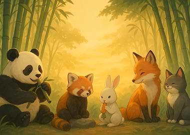 Cartoon Animals in Bamboo Forest