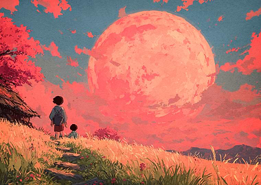 Children Gazing Giant Moon