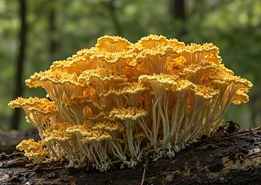 Golden Enokitake Mushroom Cluster on Log