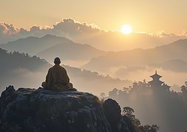 Monk Meditating at Sunrise