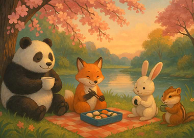 Animals Having a Picnic by the River
